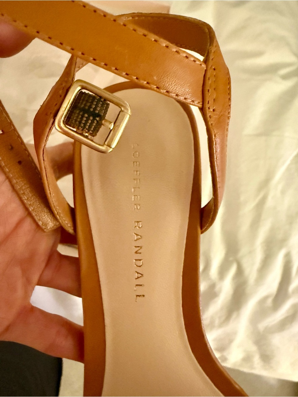 Loeffler Randall Tan Block Heel Sandals with Multicolor Pom Trim - Picture 3 of 6